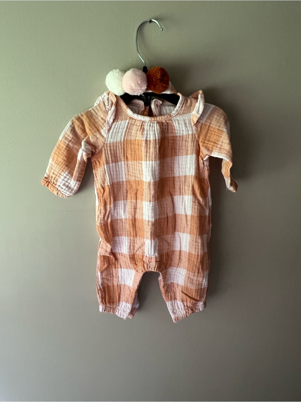 Mud Pie Peach Plaid Gauze Cotton Baby One-Piece Romper with Matching Headband